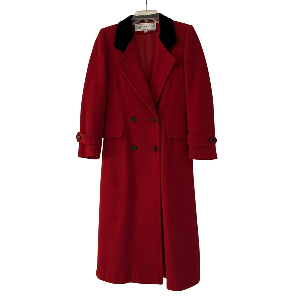 Vintage Evan-Picone Red 100% Wool Double Breasted Coat With Black Velvet Collar